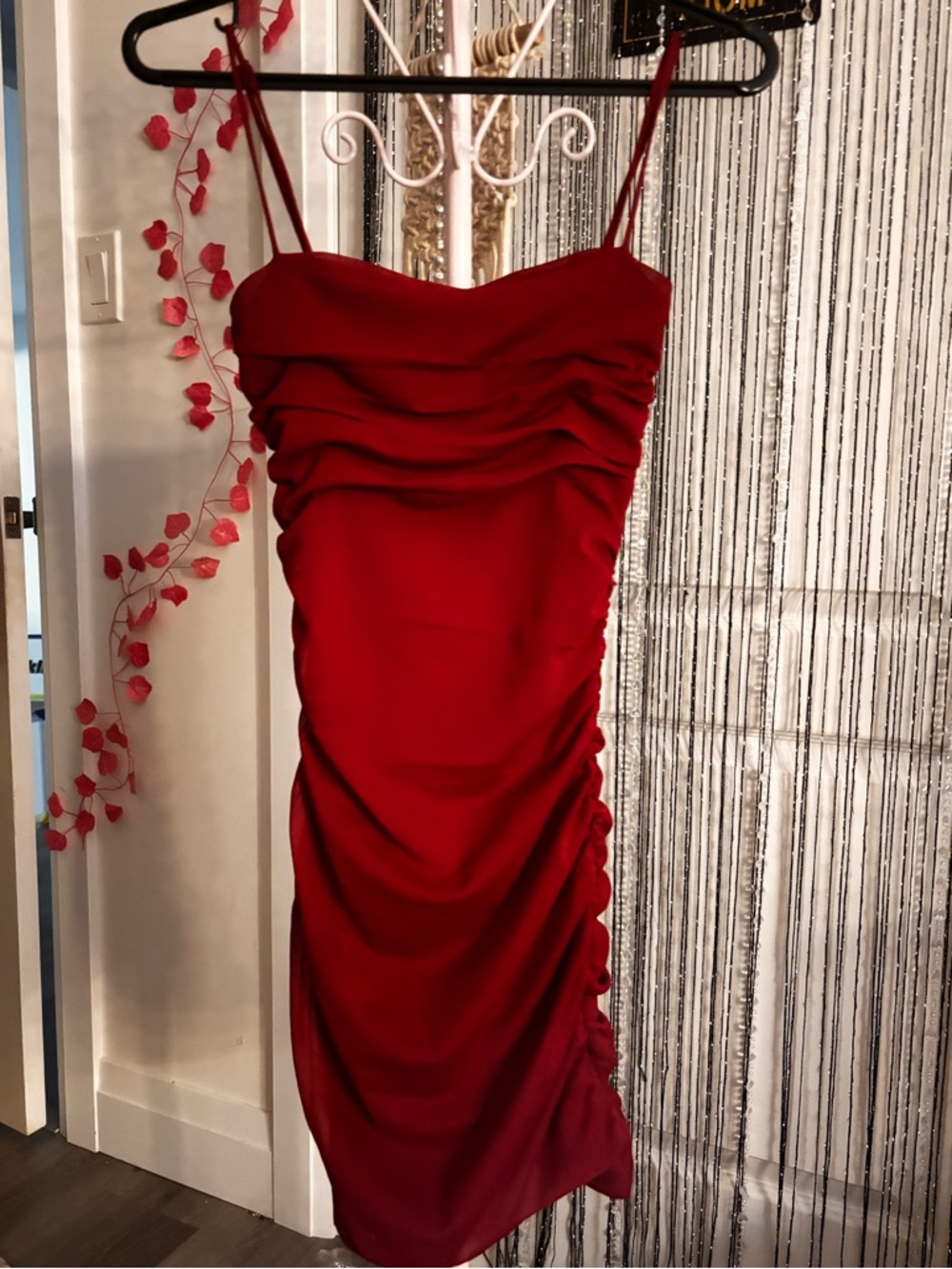 Garage Red Ruched Spaghetti Strap Mini Dress